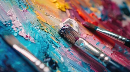 Obraz premium Colorful Painting with Brushes and Watercolors on Paper