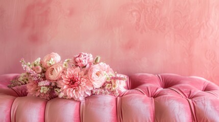 Pink Flower Bouquet on Velvet Sofa.