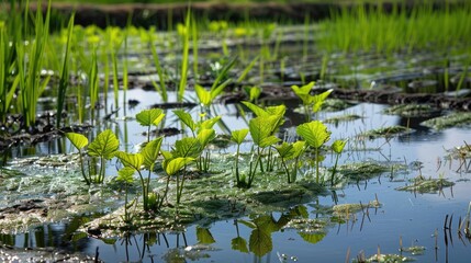 Fototapeta premium Aquatic plants thriving in the mud of rice paddies