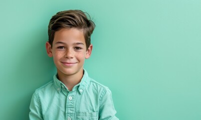Portrait of a smiling boy with freckles against a mint green background.