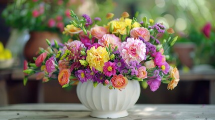 Obraz premium Arrangement of lovely pink yellow carnations purple Eustoma in white vase