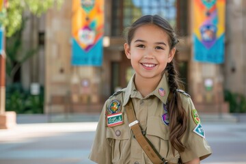 Portrait of a smiling girl scout wearing her uniform.