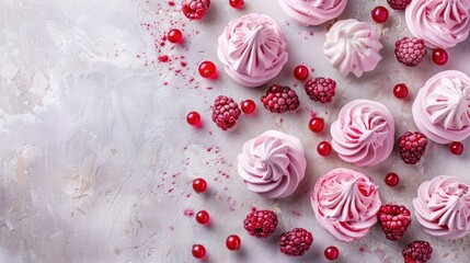 Fototapeta premium Arrangement of pink meringues and red berries on concrete surface Overhead view with space for text