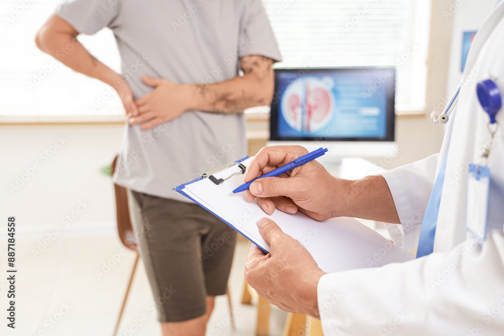 Sticker mature urologist writing on clipboard in clinic, closeup