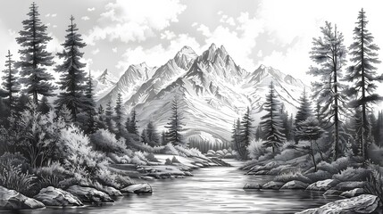 A mountain landscape with pine trees and a flowing river, in detailed engraving style for natural settings.