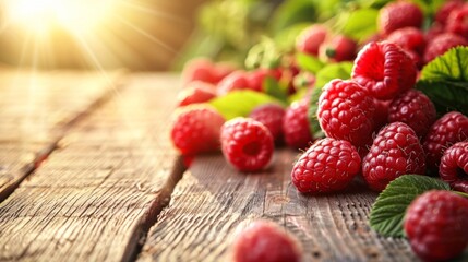 Ripe red raspberries on a wooden table, bathed in sunlight, copy space