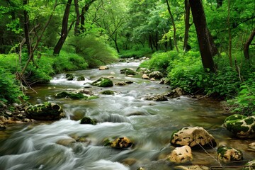 Obraz premium Serene Stream Flowing Through Lush Forest.