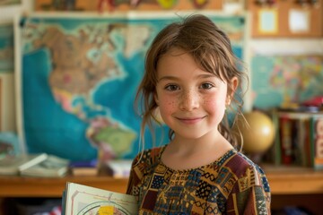 Smiling Girl with Freckles in Classroom.