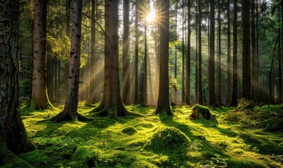 Fototapeta premium Sunbeams Illuminating a Lush Forest Floor.