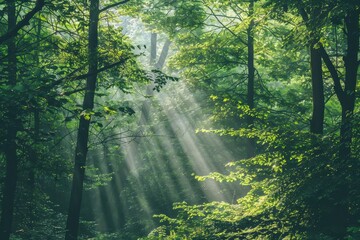 Sunlight Beams Through Dense Forest Canopies.