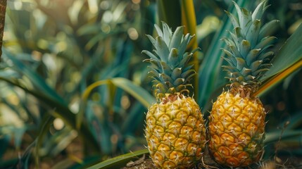 Obraz premium A close-up view of two ripe pineapples growing in a lush tropical garden, illuminated by the warm rays of the sun
