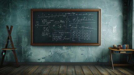 Vintage classroom with chalkboard, wooden floor and desk.