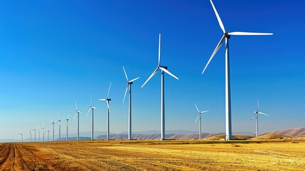 Wind turbines generating clean energy on a sunny day.