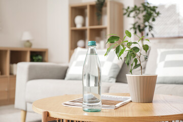 Bottle of water with magazine and plant on table in living room, closeup