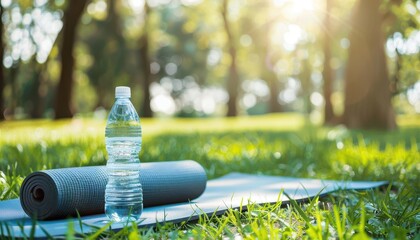 Yoga mat and water bottle on green grass with bokeh background.