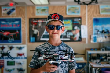 Young boy holding drone in classroom.