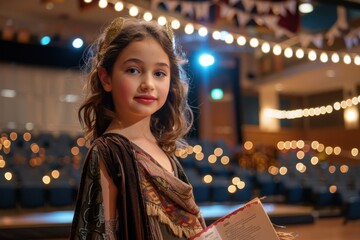 Young girl in a velvet dress on a stage with lights.