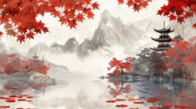 Japanese autumn scene with red maple leaves