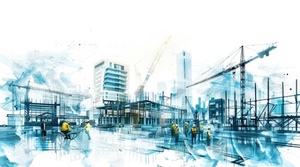 Fototapeta premium Illustration digital building construction engineering with double exposure graphic design. Building engineers, architect people, or construction workers working