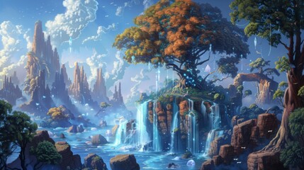 A fantasy landscape featuring a large tree on a cliff with a waterfall cascading into a blue river. The scene is surrounded by mountains and a blue sky with fluffy white clouds.