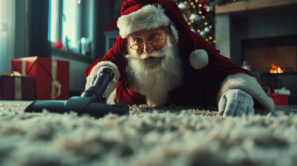 santa claus using a vacuum cleaner cleaning and doing household cleaning activities