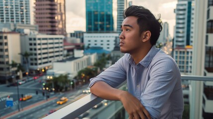 Fototapeta premium Contemplative Young Man at Urban Balcony Overlooking City Skyline During Sunset, Diversity in Urban Life