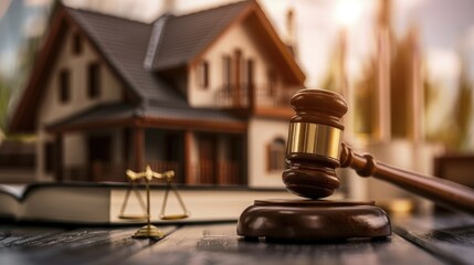Judge auction and real estate concept. Law hammer and house model. Real estate law. Taxes and profits invested in real estate and home purchase