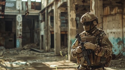 Delta Force operative in urban camo gear checking his equipment in an abandoned warehouse