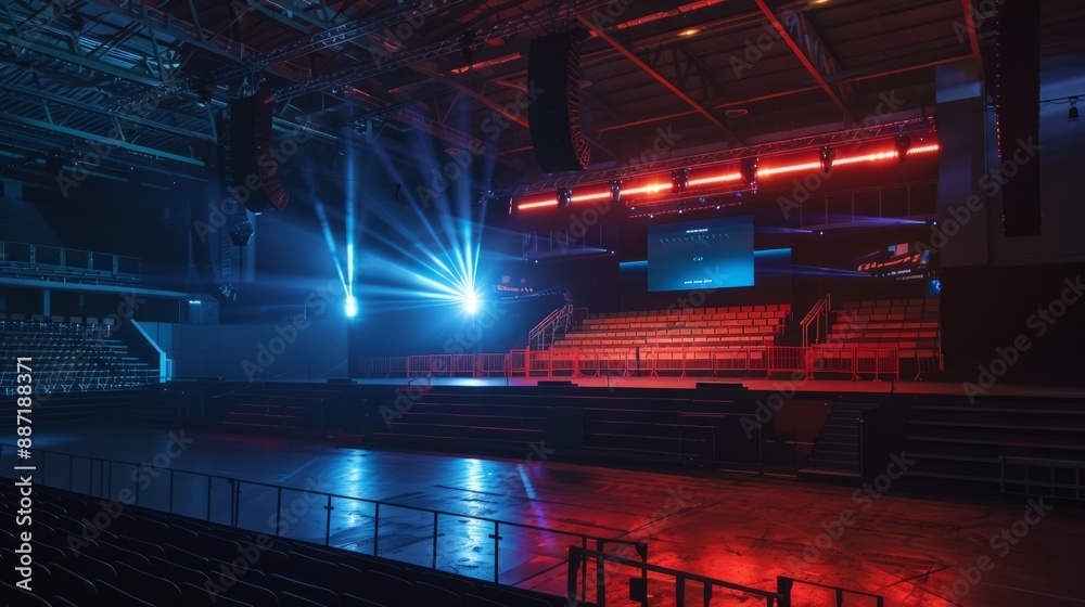 Poster an empty esports arena stage with blue lights and a large screen. the stage is ready for a big event