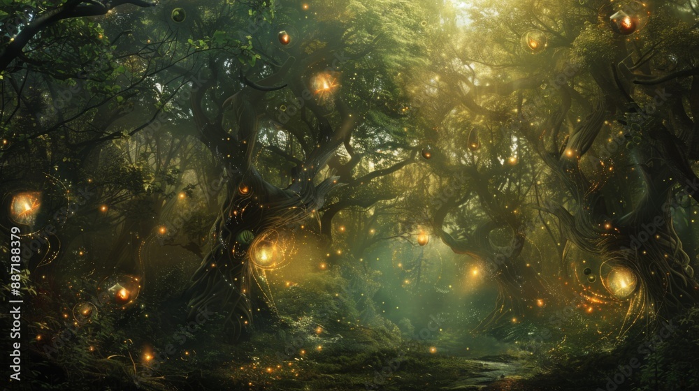 Aufkleber a mystical forest scene with glowing lights hanging from the trees. the sun shines through the canop