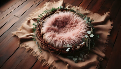 Newborn Photography Backdrop. newborn baby with flowers nest and leaves and wood backdrop. Fur in a Basket for Newborn Backdrop 
