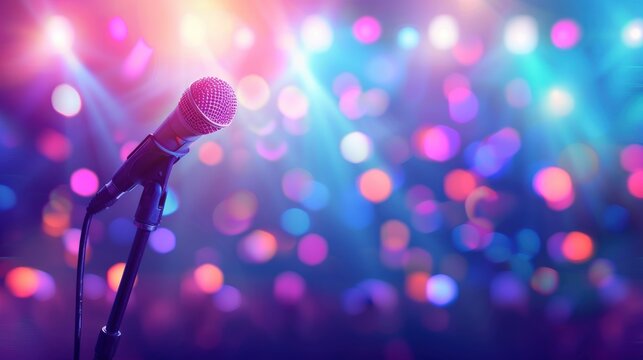 A colorful background with an empty stage and microphone. Generate AI image