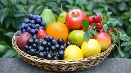 Assorted fruits in a basket provide healthy nutrition and natural vitamins for a vegetarian diet
