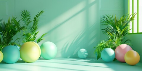 Obraz premium Pastel colored balloons and lush green plants in sunlight minimalist decor concept