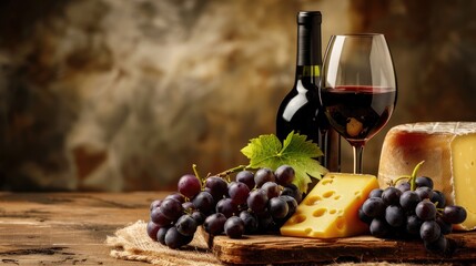 Attractive arrangement with wine cheese and grape on wooden surface