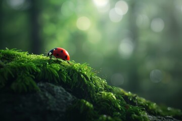 Ladybug on Moss in Enchanted Forest