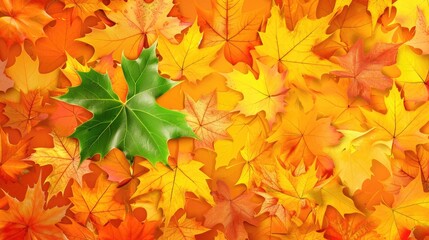 Autumn background with green leaf among orange and yellow maple leaves