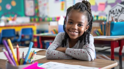 A cute little black girl sitting at her desk. Generate AI image