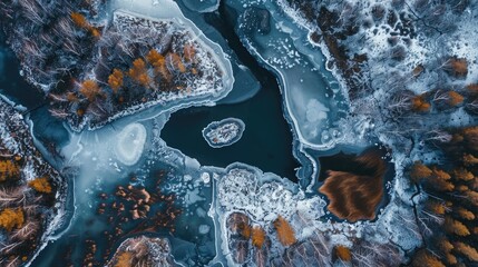 Autumn landscape of frozen river with clear ice bends islands rocks trees aerial perspective