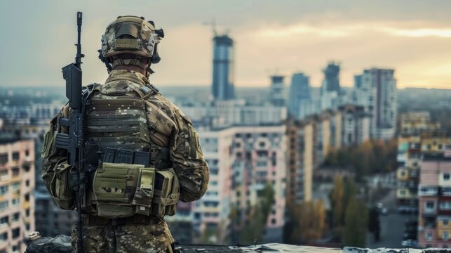 Delta Force soldier in urban camouflage providing overwatch from a rooftop