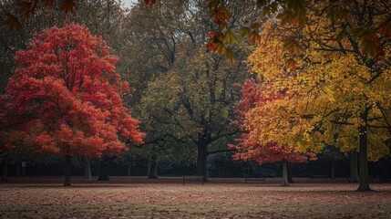 Autumnal foliage in park with vintage maple trees