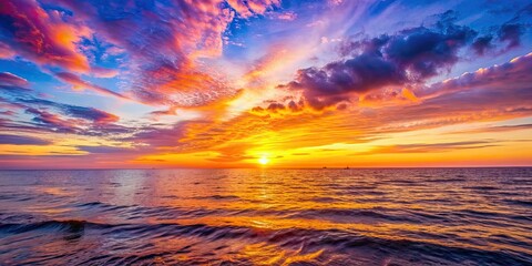 Fototapeta premium Vibrant sunset over the tranquil sea , sunset, ocean, horizon, dusk, evening, reflection, water, peaceful, colorful, nature, calm