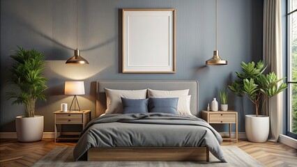 Mock up frame on bedroom wall with render , interior design, home decor, bedroom setting, modern, decoration, concept