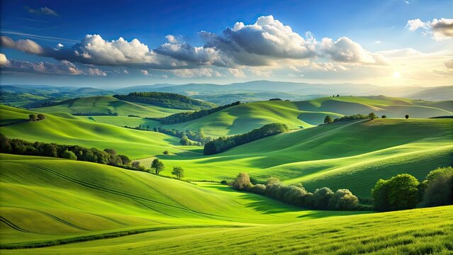 Green landscape with rolling hills and a clear horizon over the land, Green, landscape, horizon, hills, nature - Powered by Adobe