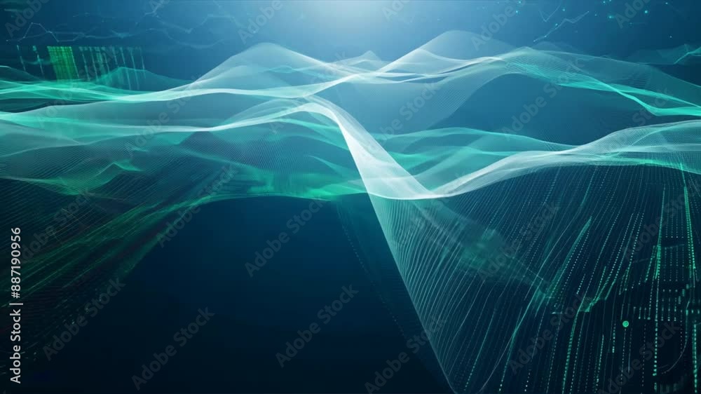 Poster abstract digital landscape with flowing binary code streams
