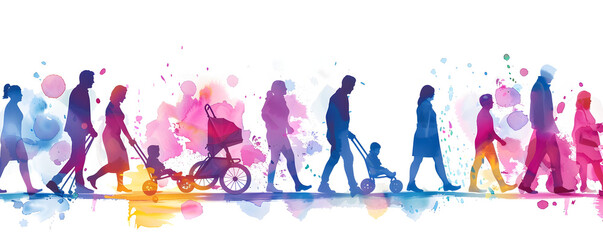 Diverse Figures in Pastel Watercolor Style, Featuring Baby Pram and Elderly Person on Wheels