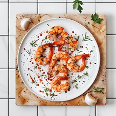 Board and plate of tasty Shrimp with on white background.