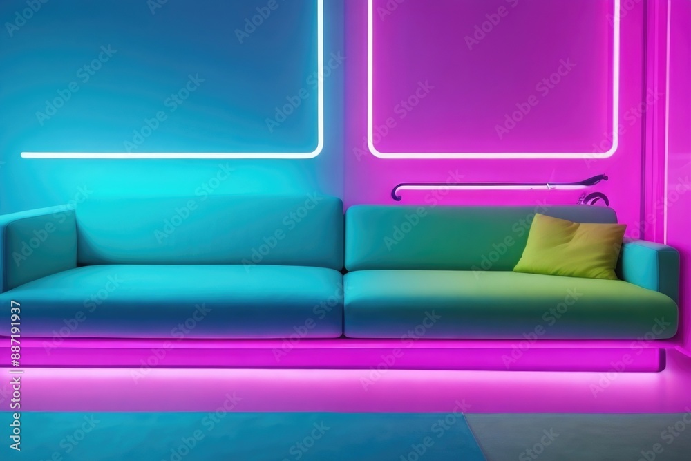 Wall mural empty wall for copy space with a couch and colorful neon light