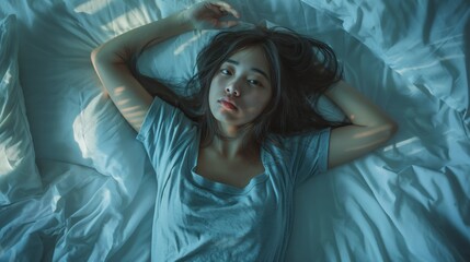 Fototapeta premium Indonesian Teen in Thoughtful Moment, Relaxing on Bed, Emotive Photography for Mental Health Awareness Campaign