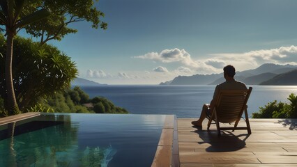 hombre sentado frente a una piscina infinita